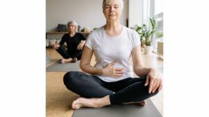 Woman focuses on her breath in meditation